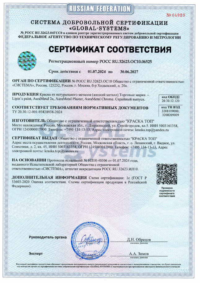 Сертификат соответствия AuraMetal